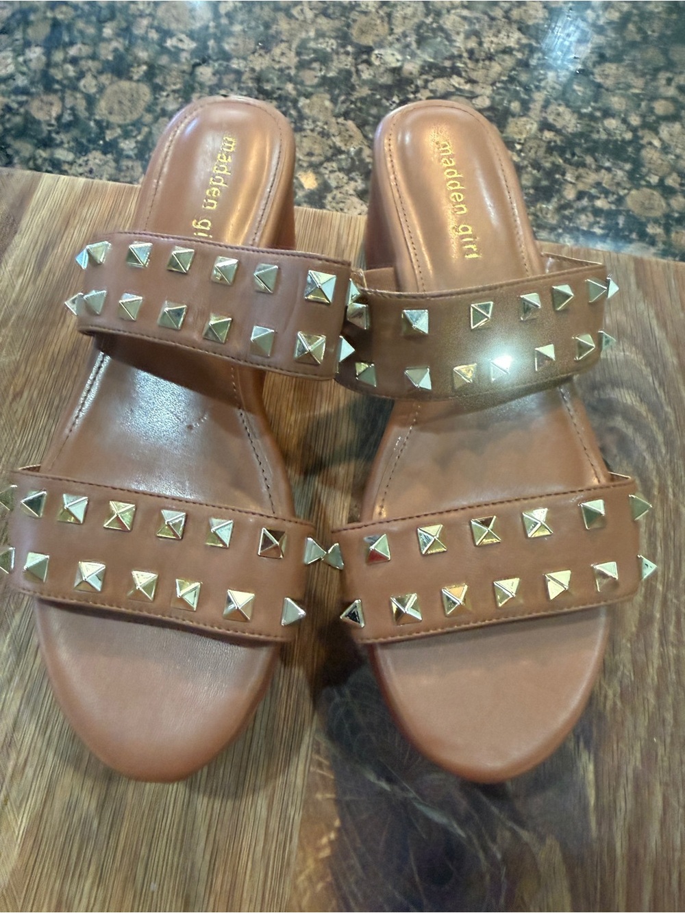 Madden Girl Studded Brown Platform Slide Sandals - Picture 2 of 5